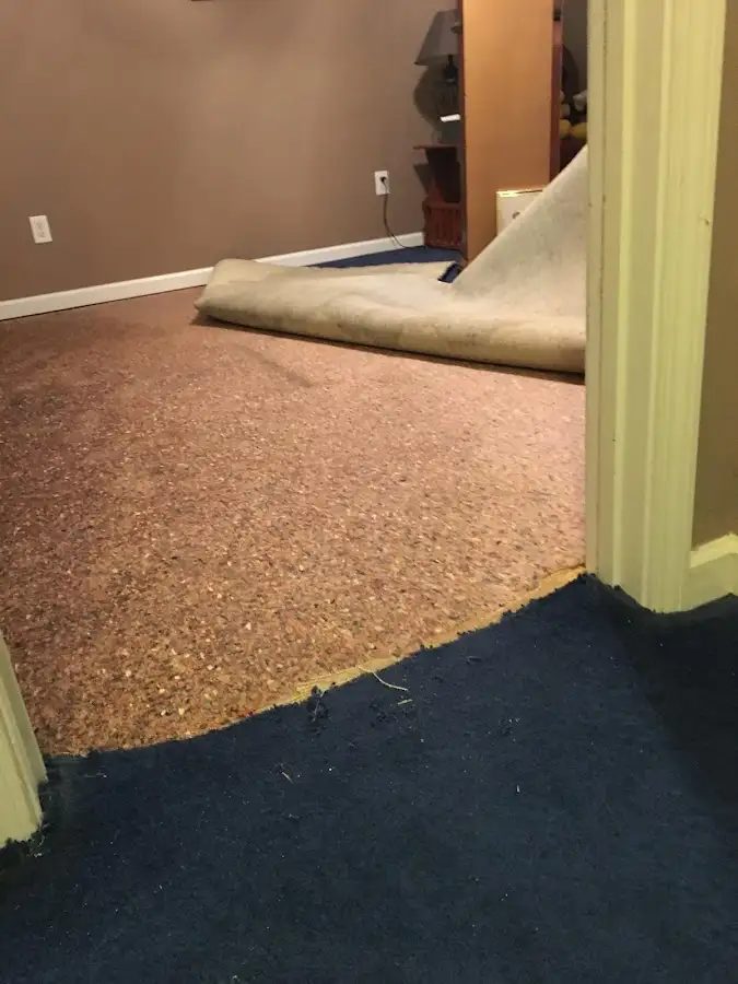 Carpet pad removal revealing water damage during Water Mitigation Services in Great Falls